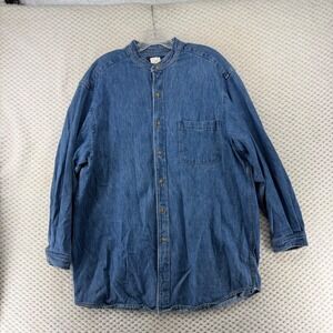 Breeches Denim Shirt Button Front‎ Long Sleeve Oversized Band Collar Vintage